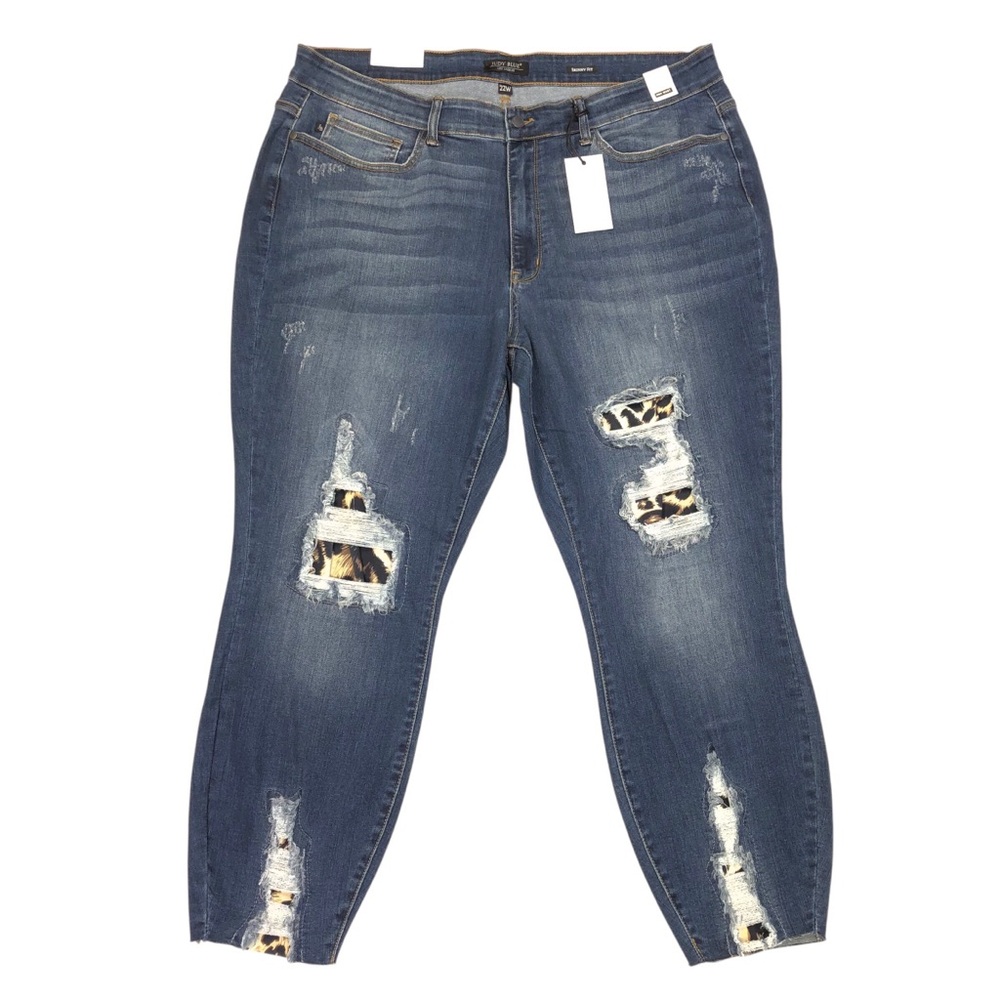 Judy Blue Animal Print Distressed Skinny Jeans Size 22W Blue 28" Inseam NWT